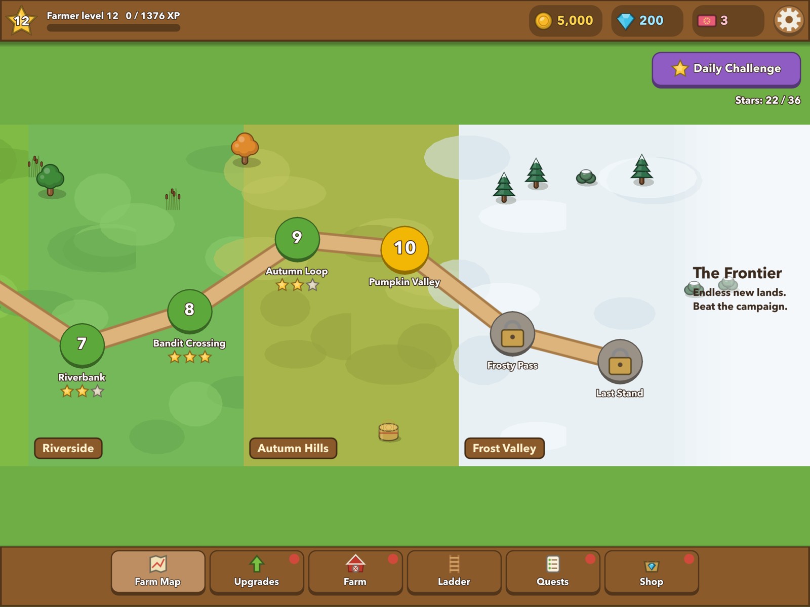 The campaign map and unlocked farm lands