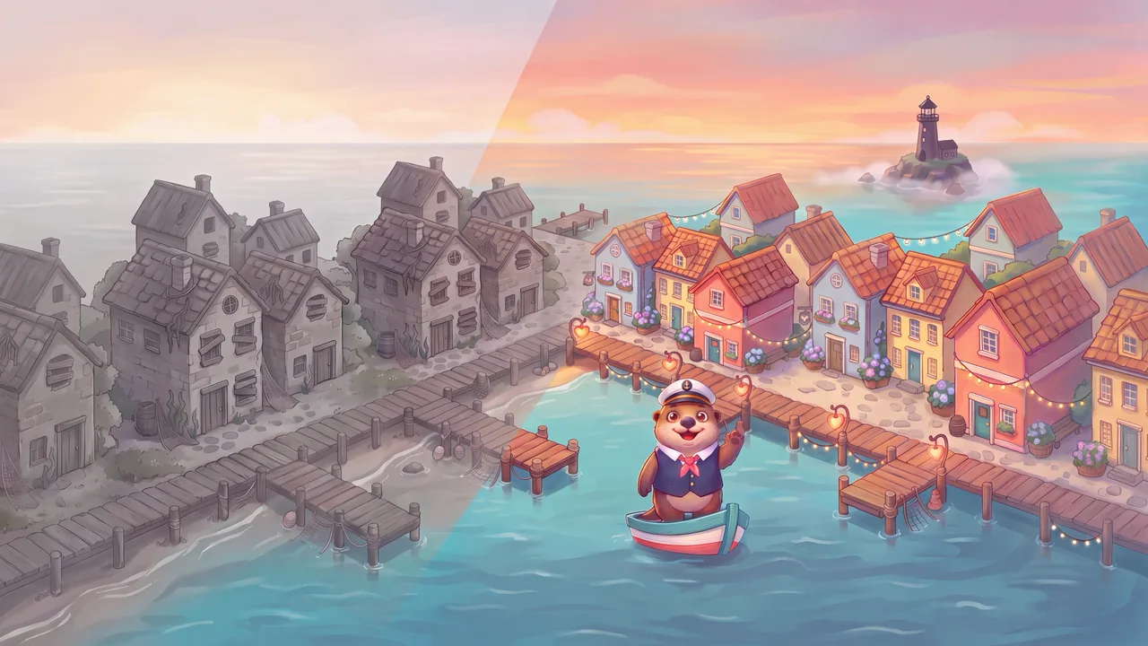 Harbor Hearts key art 16:9: a grey harbor on the left turns into a colourful town on the right, with a sea otter captain in a rowing boat