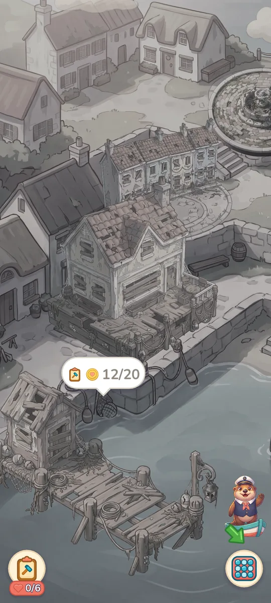 The harbor on day one, grey and asleep